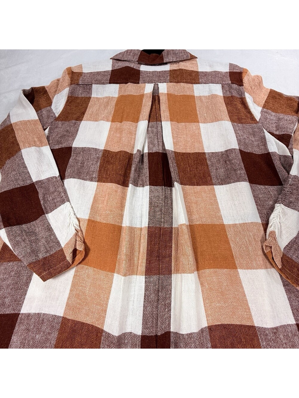 Soft Surroundings XL Linen Blend Plaid Tunic Shirt Rust Brown Button Front - Picture 6 of 13